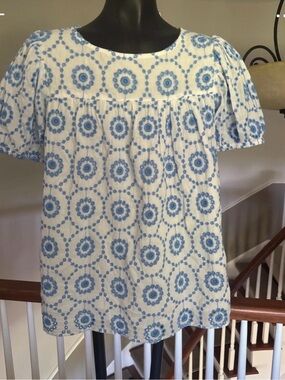 Blue and White Floral Circle Print Blouse